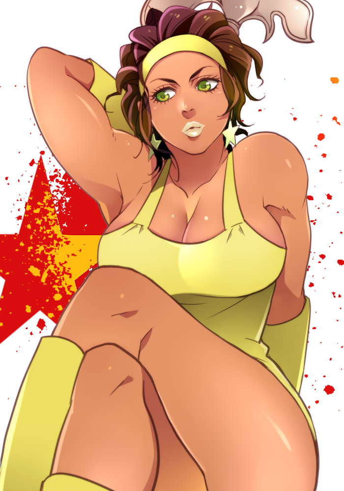 1girl, arm_up, bare_legs, boots, breasts, brown_hair, cleavage, crossed_legs, dark_skin, dress, earrings, elbow_gloves, eyelashes, gloves, green_eyes, hairband, hanaichi_(hana13), huge_breasts, jasmine_mendosa, jewelry, lipstick, makeup, sitting, solo, star, star_earrings, weapon, yellow_dress, zombie-ya_reiko