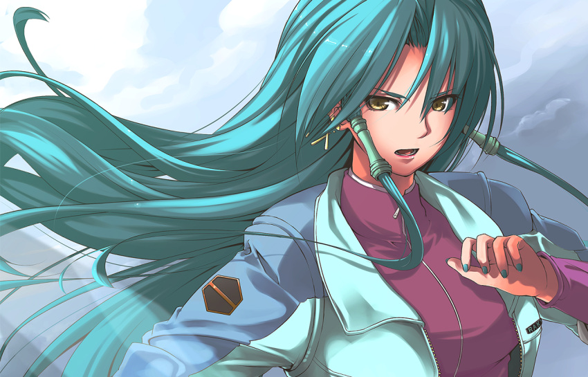 1girl, blue_hair, blush, breasts, earrings, glacies, jewelry, long_hair, looking_at_viewer, nail_polish, nanaku_teiru, open_mouth, solo, super_robot_wars, super_robot_wars_original_generation, yellow_eyes