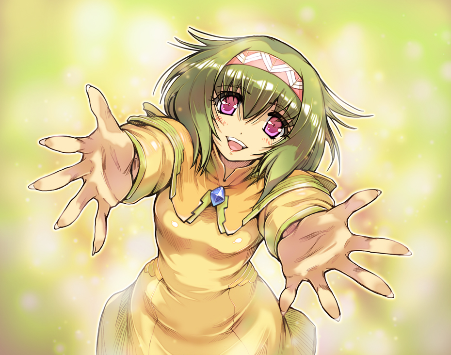 dress, foreshortening, green_hair, hairband, hilde_schultz, hisahiko, outstretched_hand, pink_eyes