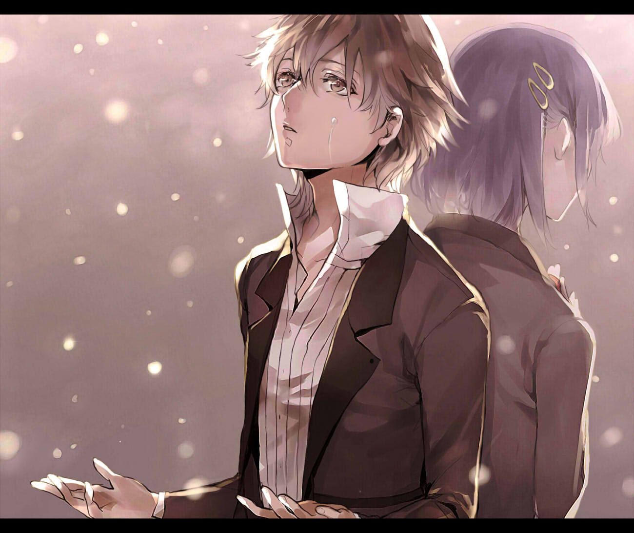 1boy, 1girl, ayatoki-1, back-to-back, brown_eyes, brown_hair, hair_ornament, hairclip