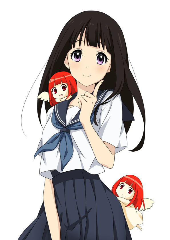 3girls, angel, black_hair, chitanda_eru, hyouka, kaji_(ringo0502), long_hair, multiple_girls, multiple_persona, school_uniform, serafuku, shoulder_angel, violet_eyes