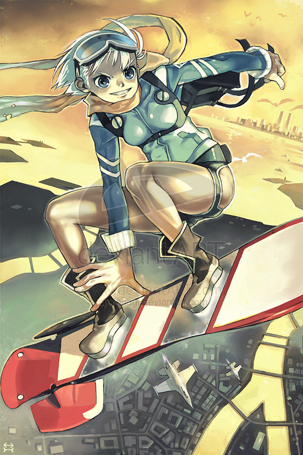 airplane, backpack, bag, bird, blue_eyes, boots, cityscape, flying, goggles, grin, hover_board, jet, original, pantyhose, scarf, short_hair, smile, solo, squatting, sunset, track_jacket, water, watermark, white_hair, yahagi_yuhichi