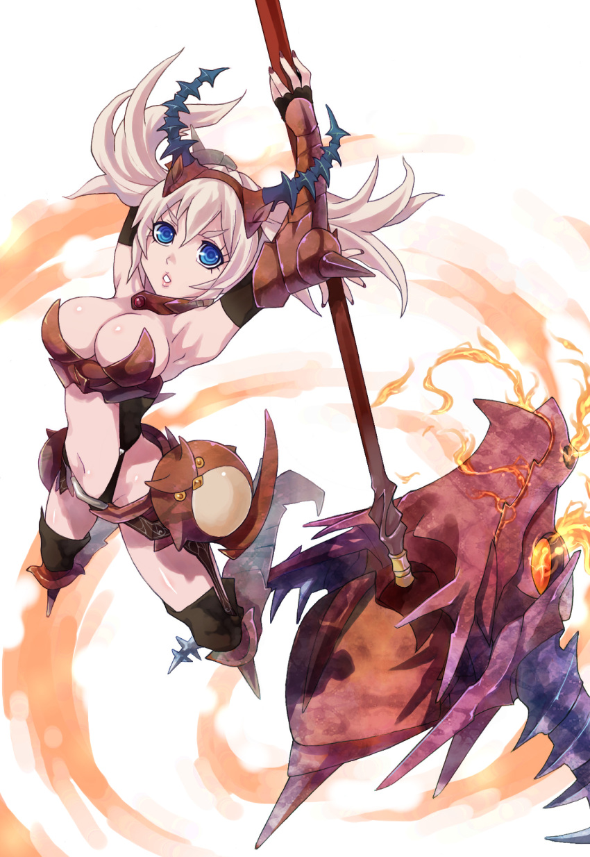 armpits, bird, blonde_hair, blue_eyes, breasts, cleavage, hammer, highres
