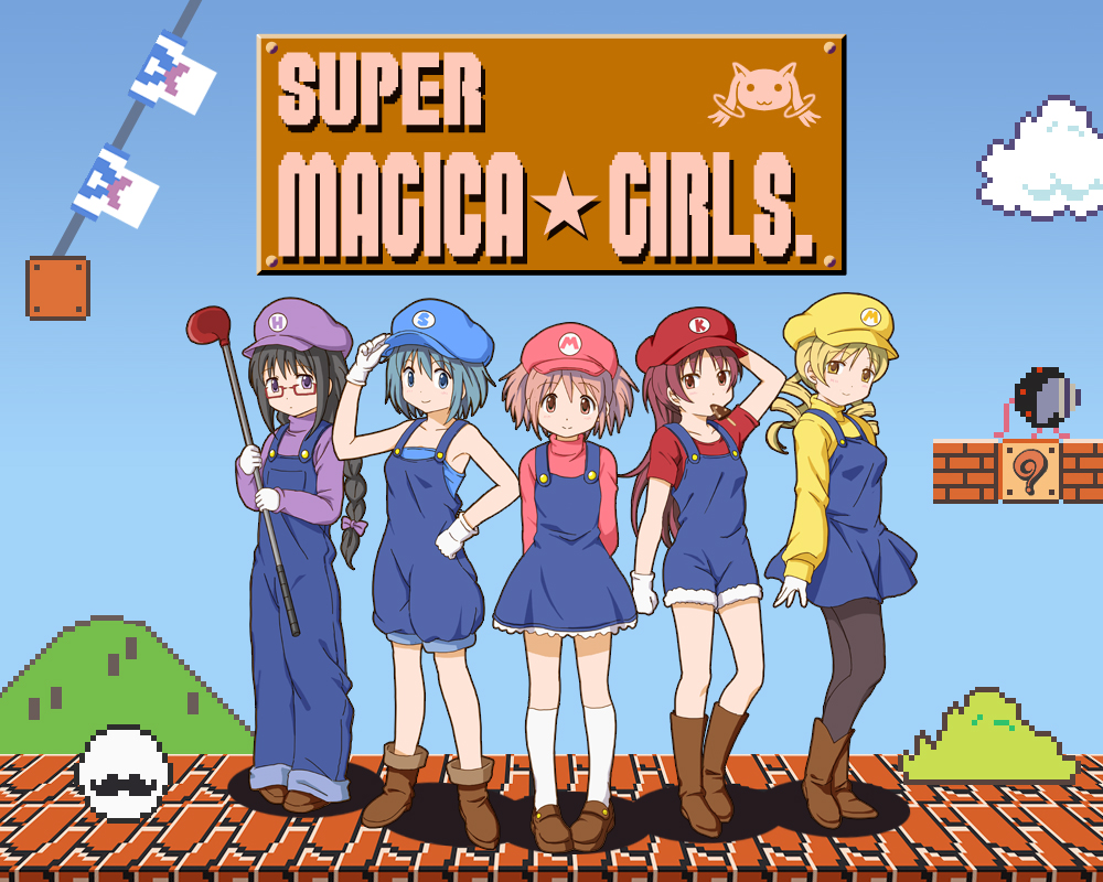 5girls, ?, akemi_homura, black_hair, black_legwear, blonde_hair, blue_eyes, blue_hair