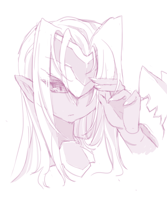 blade_(artist), blonde_hair, busou_shinki, graffias, hands, monochrome, pointy_ears, purple