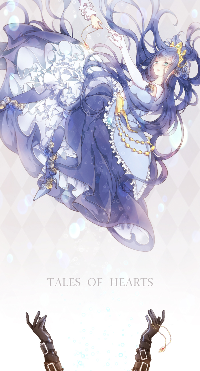 1girl, argyle, argyle_background, blue_hair, blue_legwear, blue_rose, crown, dress, flower, green_eyes, high_heels, highres, jewelry, kou_(01310808), long_hair, necklace, pantyhose, paraiba_marine_de_rais, rose, shoes, tales_of_(series), tales_of_hearts, tears, title_drop
