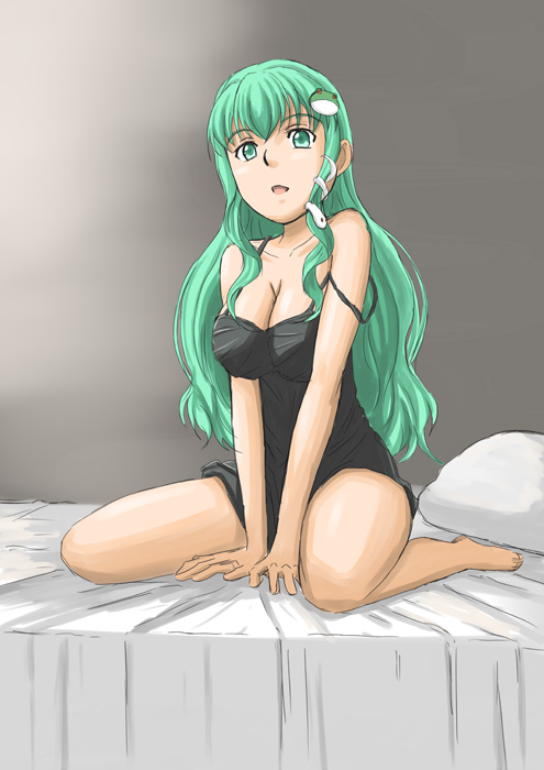 1girl, bare_shoulders, between_legs, breasts, cleavage, frog_hair_ornament, green_eyes, green_hair, hair_ornament, hand_between_legs, kochiya_sanae, ksfactory, large_breasts, long_hair, nightgown, on_bed, snake_hair_ornament, solo, strap_slip, touhou