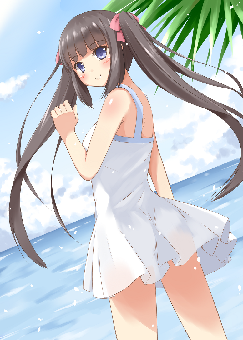 1girl, blue_eyes, blush, brown_hair, chaa_(korone-ze), dress, long_hair, ocean