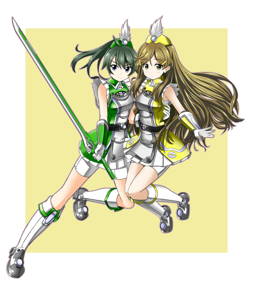 2girls, bike_shorts, brown_eyes, brown_hair, green_eyes, green_hair, highres, long_hair
