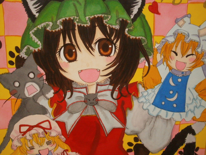 1girl, =_=, ^_^, animal_ears, blonde_hair, brooch, brown_eyes, brown_hair, bust, cat, cat_ears, cat_tail, checkered, checkered_background, chen, closed_eyes, eyelashes, fangs, hand_puppet, hat, hat_ribbon, hat_with_ears, heart, high_collar, highres, jewelry, juliet_sleeves, long_sleeves, lookiing_at_viewer, marker_(medium), mob_cap, multiple_tails, o_o, open_mouth, paw_print, puffy_sleeves, puppet, ribbon, rokokumya, short_hair, solo, tabard, tail, touhou, traditional_media, vest, yakumo_ran, yakumo_yukari