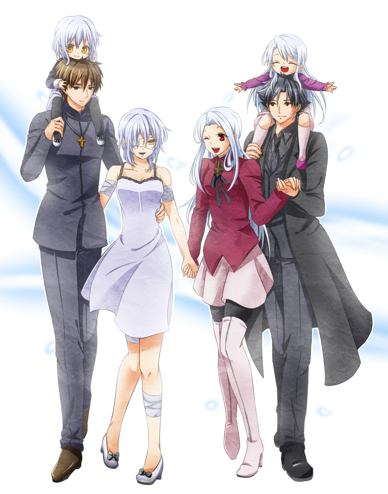 2boys, 4girls, bandages, black_eyes, black_hair, boots, brown_eyes, brown_hair