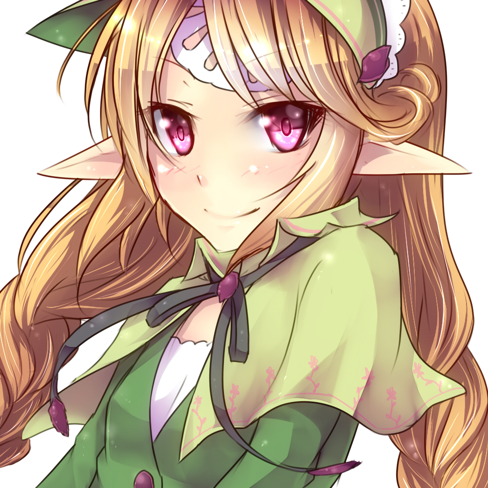 blush, brown_hair, cardfight!!_vanguard, long_hair, looking_at_viewer, neo_nectar, pointy_ears, purple_eyes, shintani_tsushiya, simple_background, smile, solo, violet_eyes, watering_elf, white_background