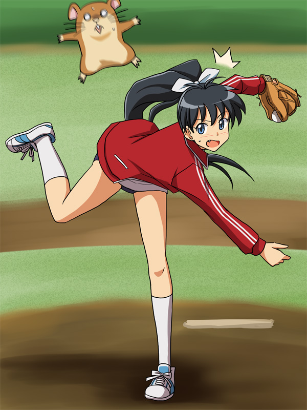 /\/\/\, baseball, baseball_mitt, black_hair, blue_eyes, blush, fang, ganaha_hibiki