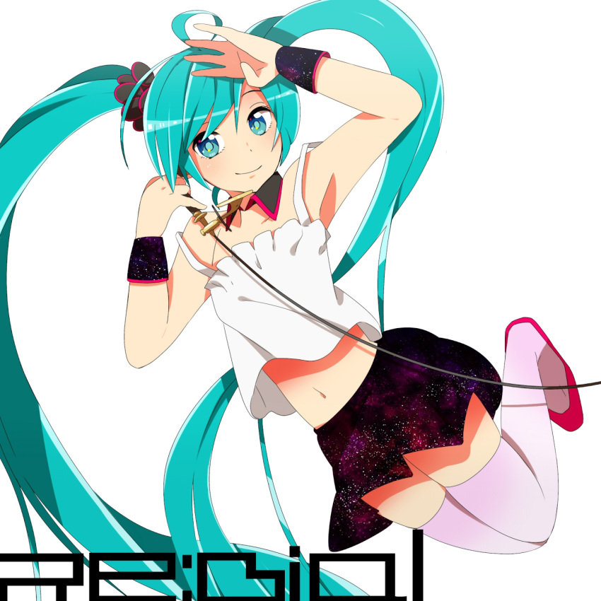 1girl, ahoge, aqua_eyes, aqua_hair, armpits, collar, hatsune_miku, highres, izumi_izumi, jumping, long_hair, navel, phone, re:dial_(vocaloid), simple_background, skirt, smile, solo, thigh-highs, title_drop, twintails, very_long_hair, vocaloid, white_background, wrist_cuffs