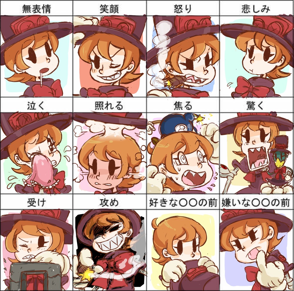1girl, angry, avery_(skullgirls), black_eyes, blush, bow, chart, cigar, dress, expressions, gloves, grin, hat, ichigoaimin, mechanical_arms, middle_finger, orange_hair, peacock_(skullgirls), saliva, sharp_teeth, short_hair, skullgirls, smile, tears, tongue, top_hat, wince, wink