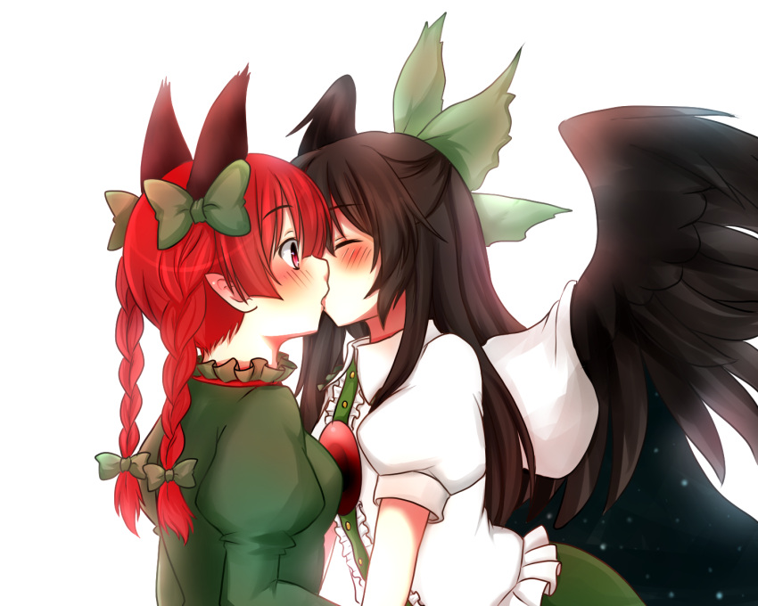 2girls, animal_ears, black_hair, blush, braid, cat_ears, closed_eyes, colored
