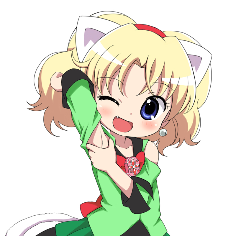 1girl, animal_ears, armpits, bare_shoulders, blonde_hair, blue_eyes, blush, earrings