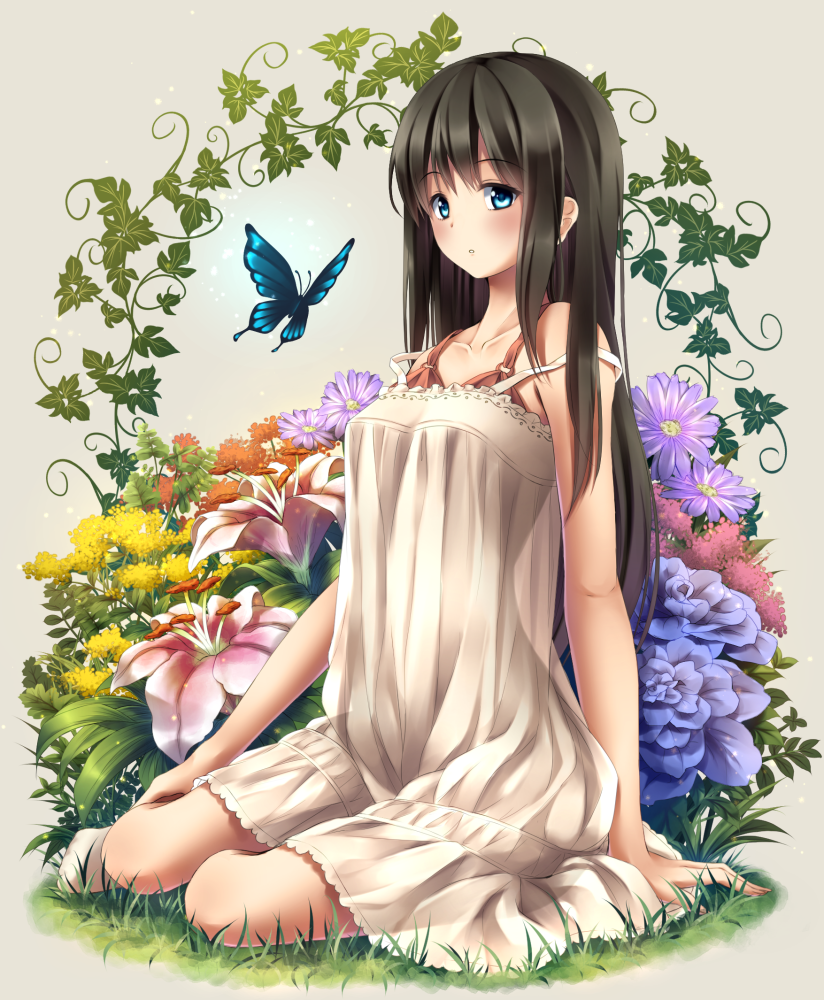 1girl, black_hair, blue_eyes, blush, butterfly, dress, flower, grass, long_hair, original, sitting, solo, soujun7023