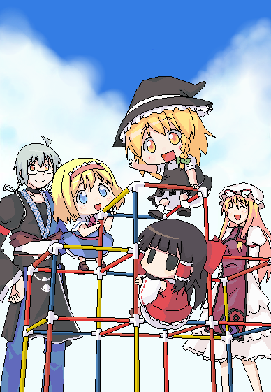1boy, 4girls, alice_margatroid, fanada, hakurei_reimu, hanamaru_youchien, jungle_gym, kirisame_marisa