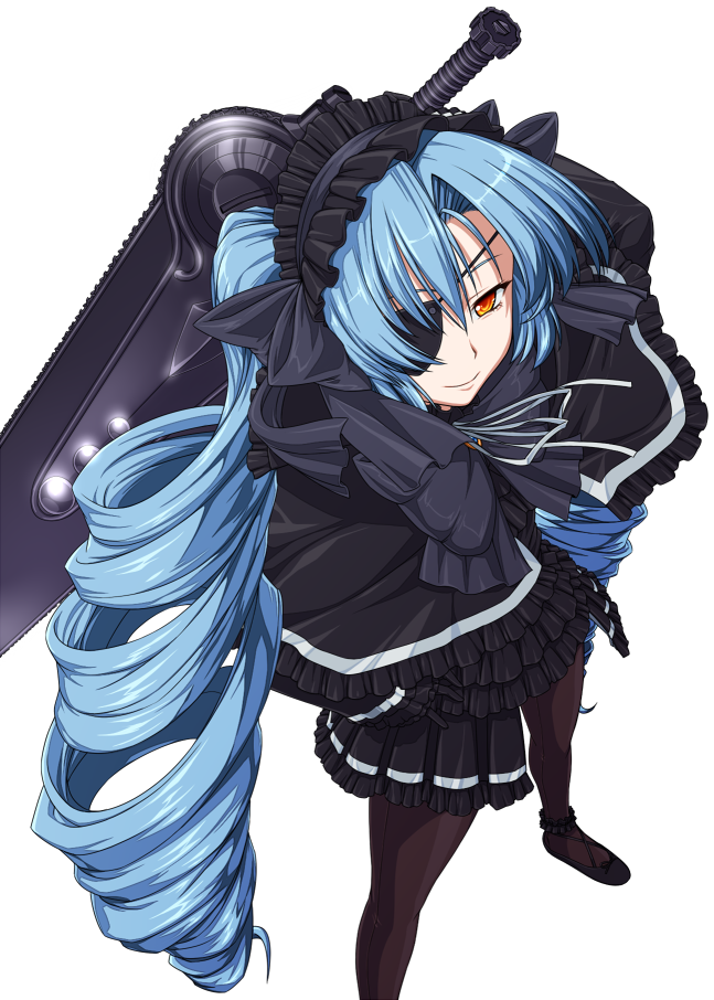 blue_hair, bow, brown_eyes, drill_hair, eyepatch, frills, from_above, gloves