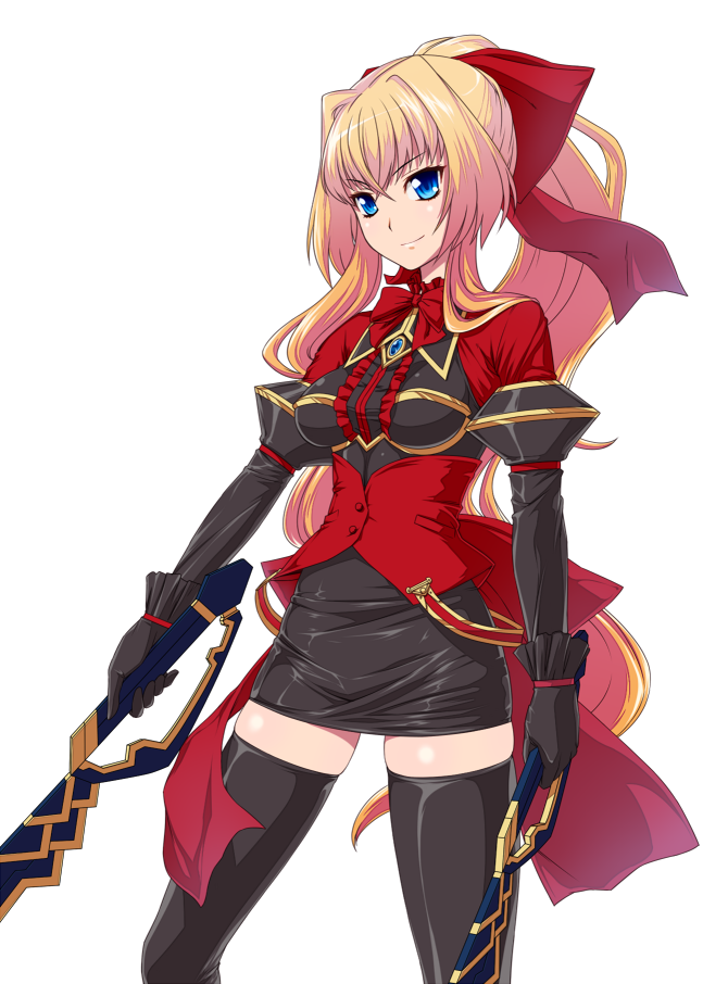 blonde_hair, dual_wielding, gloves, hair_ribbon, karen_(lemuria), long_hair, miniskirt, ponytail