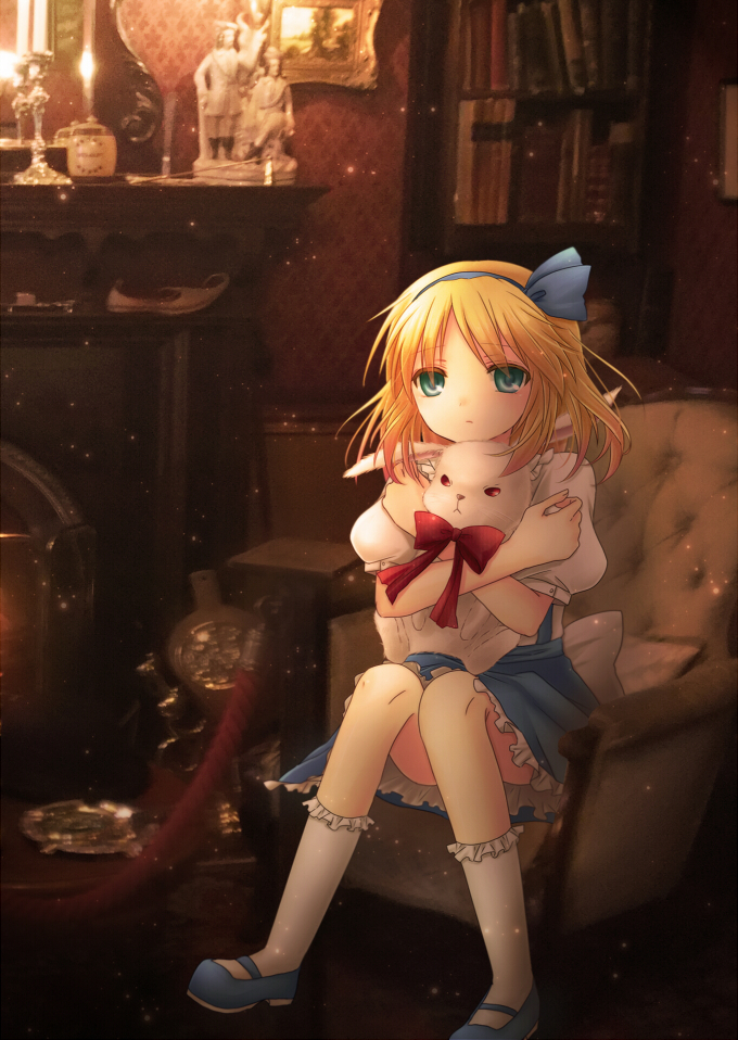 1girl, alice_margatroid, alice_margatroid_(pc-98), amano-sora, armchair, blonde_hair, book_case, bow