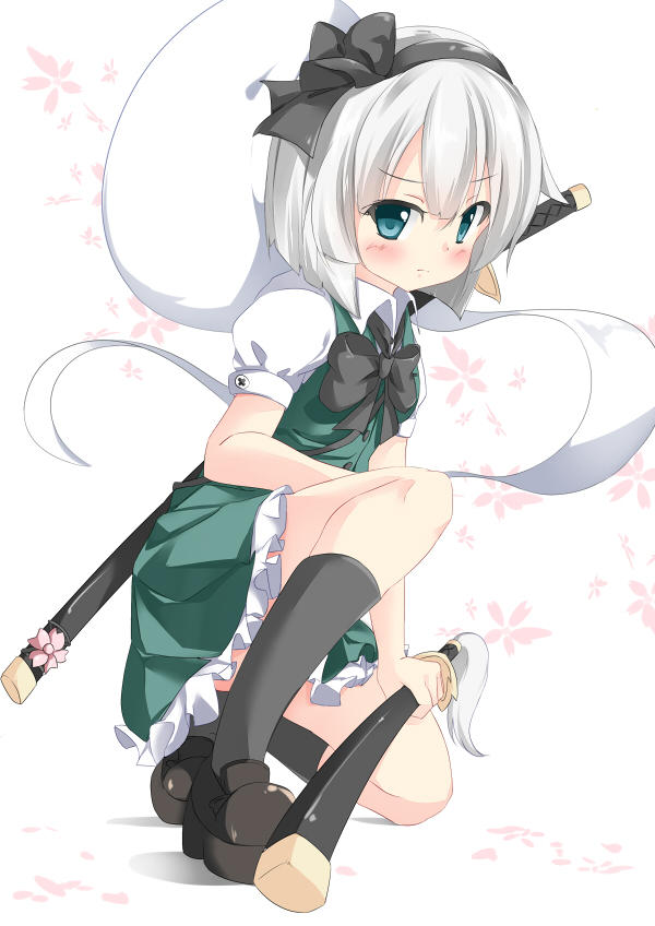 1girl, blush, bow, green_eyes, hairband, konpaku_youmu, konpaku_youmu_(ghost), scabbard, sheath, sheathed, short_hair, silver_hair, skirt, skirt_set, solo, squatting, su-suke, sword, touhou, weapon