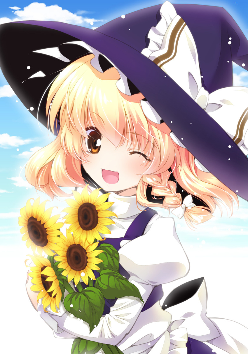 1girl, ;d, blonde_hair, bow, braid, brown_eyes, bust, flower