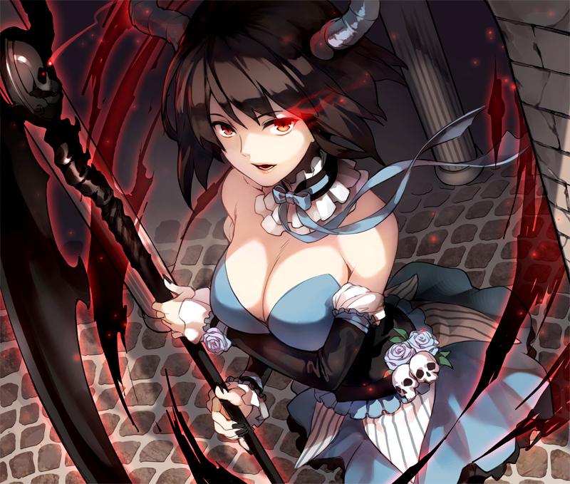 1girl, bare_shoulders, black_hair, breasts, choker, cleavage, flower, horn