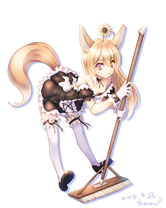 1girl, ahoge, animal_ears, bare_shoulders, blonde_hair, detached_collar, ecell, elin_(tera)