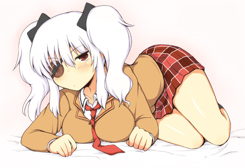 1girl, breasts, eyepatch, looking_at_viewer, necktie, red_eyes, rock_heart, senran_kagura