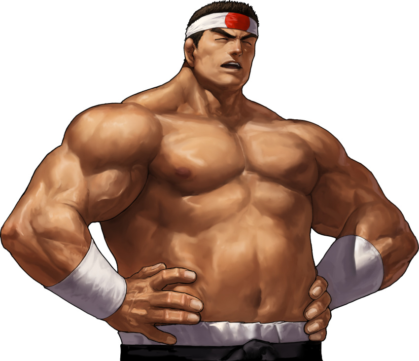 1boy, black_hair, closed_eyes, daimon_gorou, dark_skin, hachimaki, hands_on_hips, headband