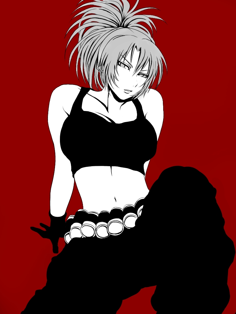 1girl, bare_shoulders, bhm, breasts, earrings, jewelry, king_of_fighters, large_breasts, leona_heidern, looking_at_viewer, midriff, monochrome, navel, pants, parted_lips, ponytail, red_background, sitting, solo, sports_bra