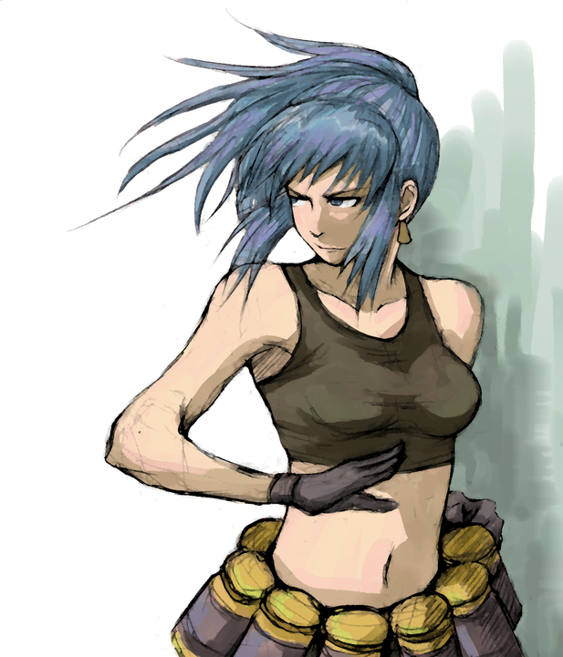1girl, bare_shoulders, blue_hair, floating_hair, gloves, graphite_(medium), king_of_fighters, leona_heidern
