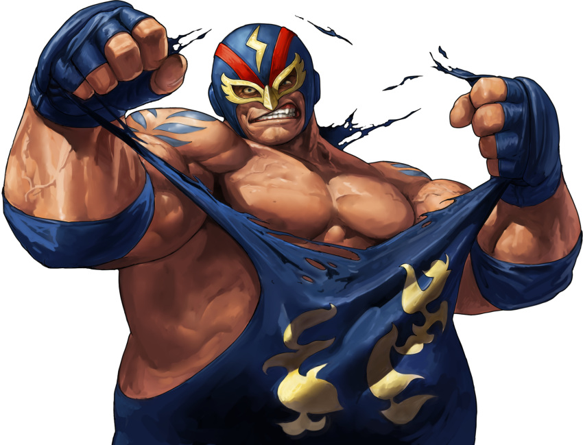 1boy, dark_skin, elbow_pads, fingerless_gloves, gloves, highres, king_of_fighters, king_of_fighters_xiii