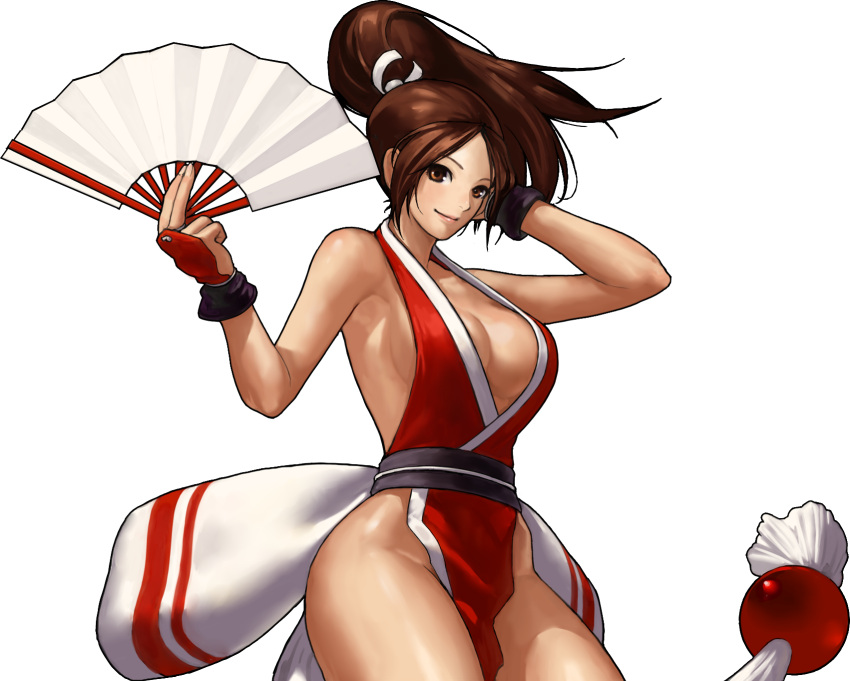 1girl, breasts, brown_eyes, brown_hair, cleavage, fan, hair_ribbon, highres