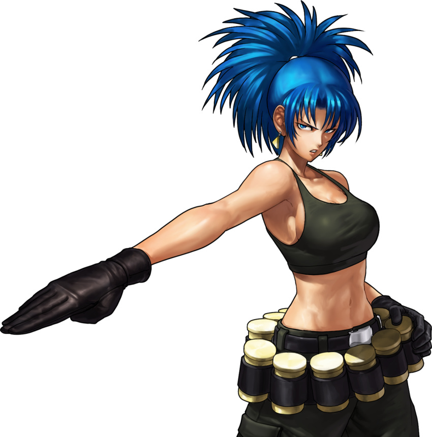 1girl, bandolier, belt, black_gloves, blue_eyes, blue_hair, breasts, cargo_pants