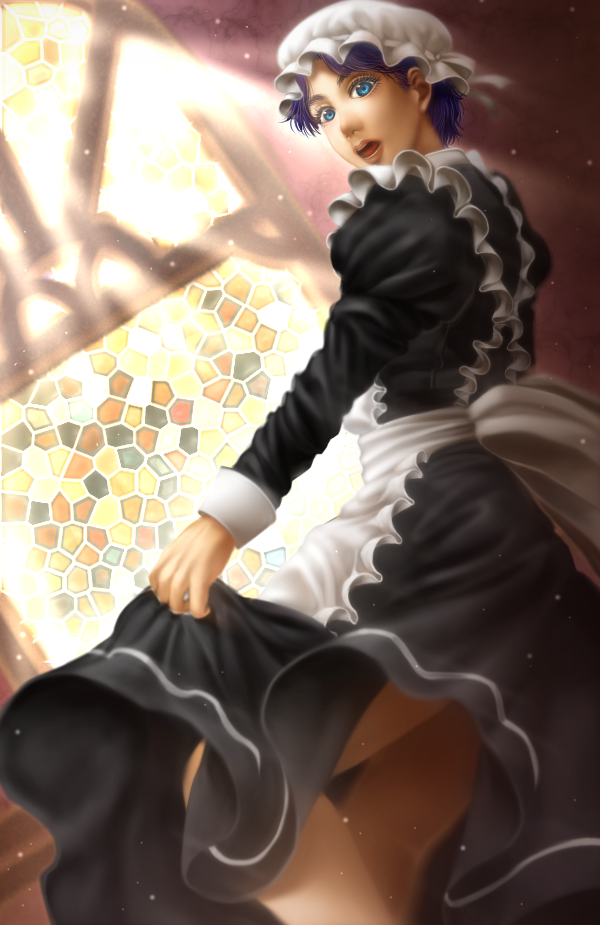 1boy, alternate_costume, apron, blue_eyes, blue_hair, crossdressinging, enmaided, hat