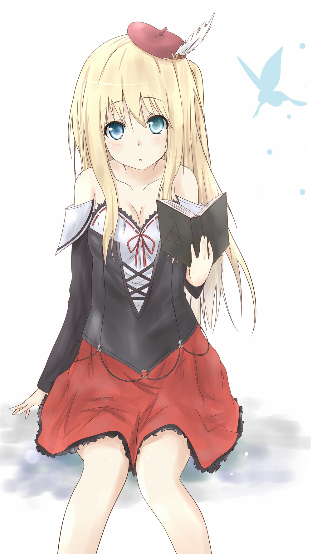 1girl, aqua_eyes, bare_shoulders, beret, blonde_hair, book, breasts, butterfly