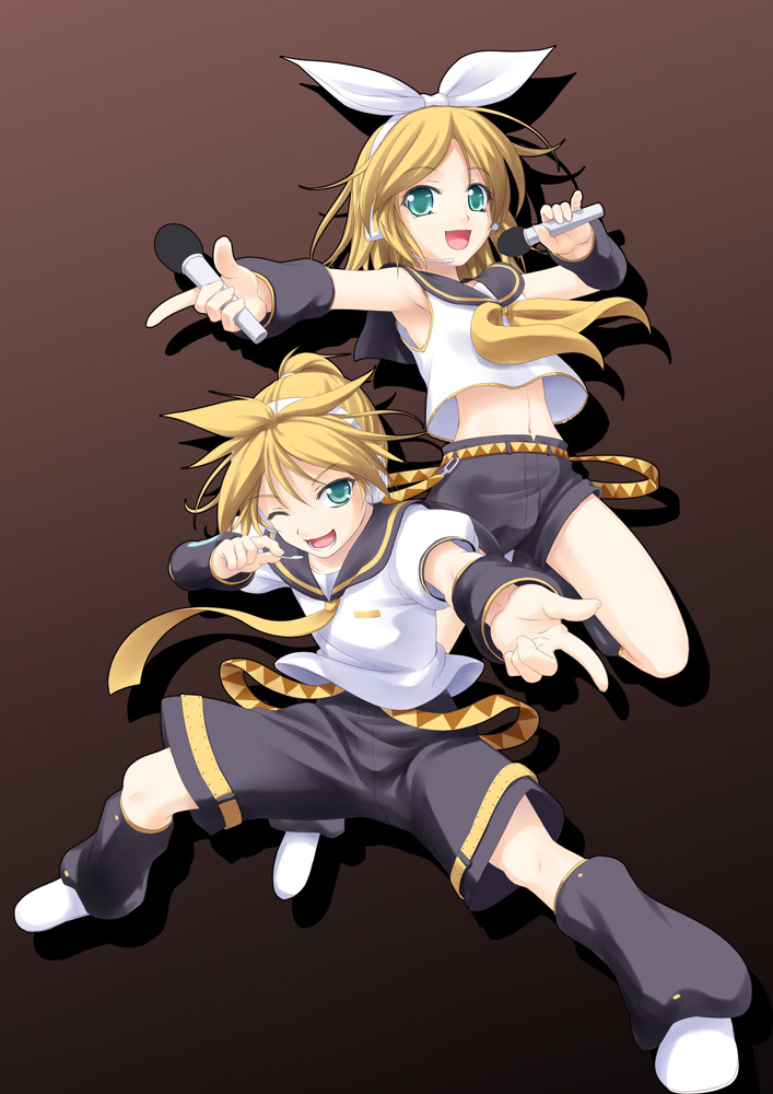 blonde_hair, brother_and_sister, headset, jumping, kagamine_len, kagamine_rin, kazami_fukashido, microphone