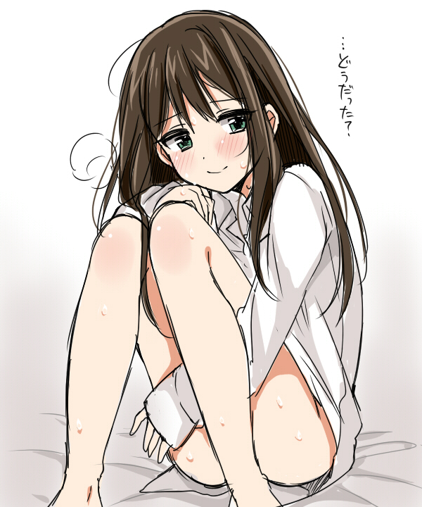 1girl, blush, brown_hair, convenient_leg, green_eyes, idolmaster, idolmaster_cinderella_girls, long_hair, norio_kkk, shibuya_rin, sitting, smile, solo, sweat