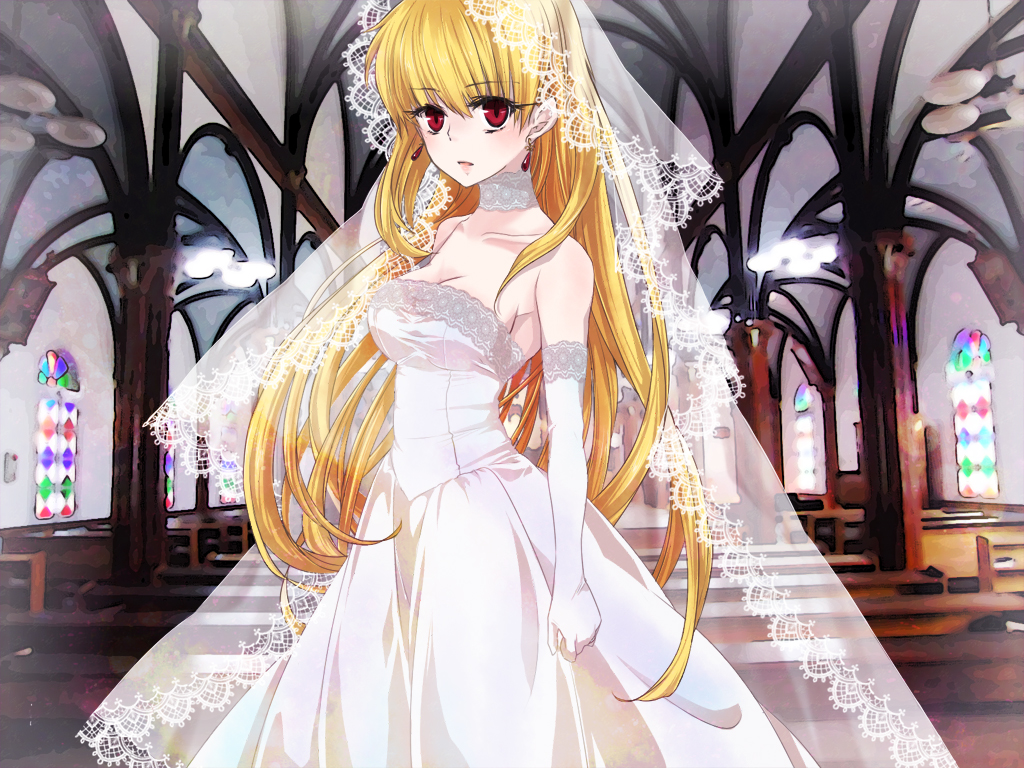 1girl, blonde_hair, bridal_veil, bride, church, dress, elbow_gloves, fate/zero, fate_(series), genderswap, gilgamesh, gloves, long_hair, pandamamire, red_eyes, solo, veil, wedding_dress