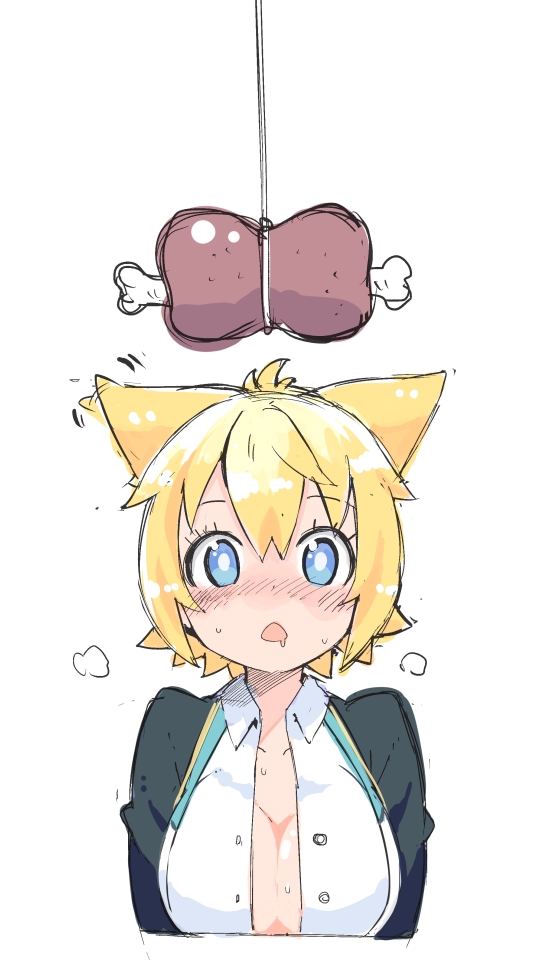 1girl, animal_ears, blazer, blonde_hair, blue_eyes, blush, boned_meat, drooling, food, gj-bu, kirara_bernstein, meat, namo_(goodbyetears), open_clothes, open_mouth, open_shirt, school_uniform, short_hair, solo, string, unbuttoned