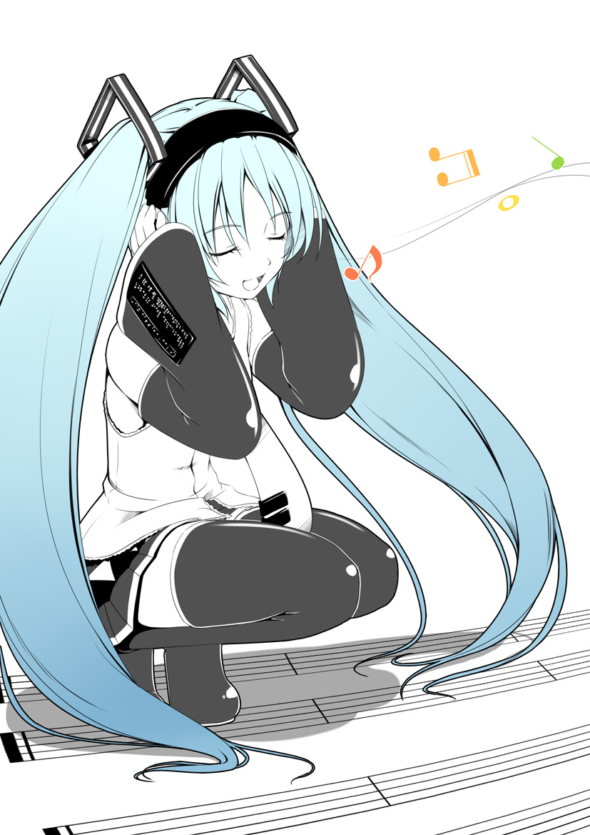 boots, closed_eyes, detached_sleeves, hatsune_miku, kazami_fukashido, long_hair, musical_note, open_mouth