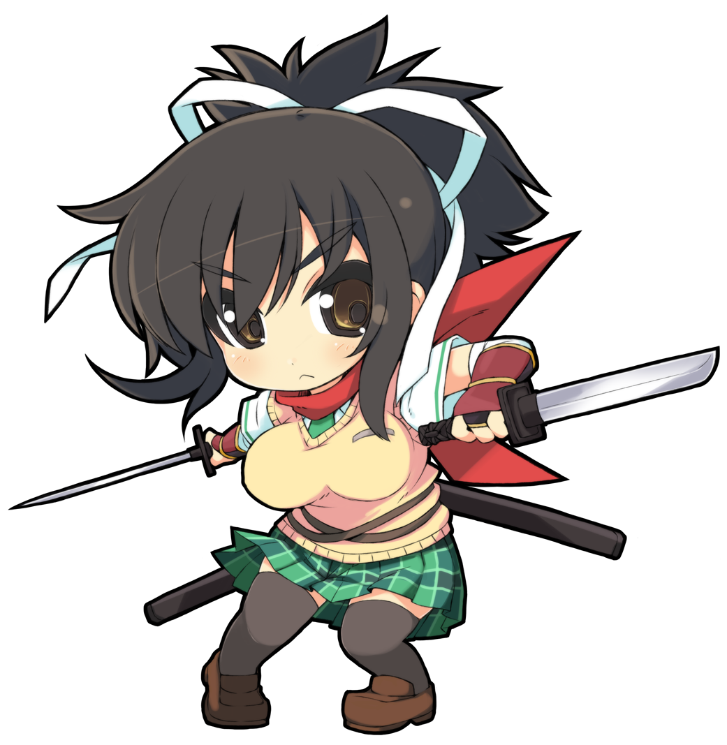 1girl, asuka_(senran_kagura), black_hair, black_legwear, breasts, brown_eyes, chibi, crazy_developers, duel_wielding, plaid, plaid_skirt, senran_kagura, shoes, simple_background, skirt, sweater_vest, sword, thigh-highs, weapon, white_background