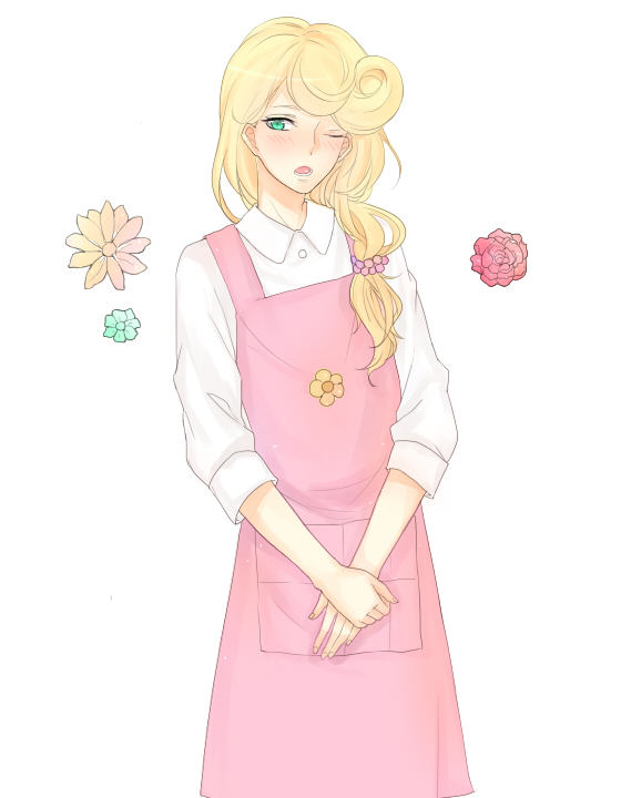 androgynous, apron, blonde_hair, flower, green_eyes, hanase_kaoru, long_hair, open_mouth, tamako_market
