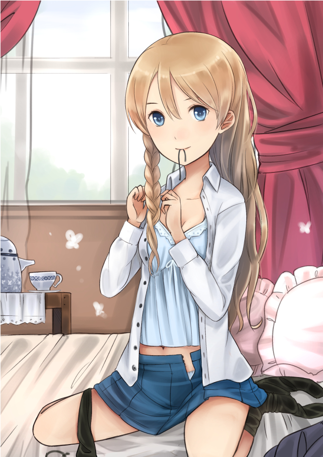 1girl, adjusting_pantyhose, bed, black_legwear, blonde_hair, blue_eyes, blush, braid