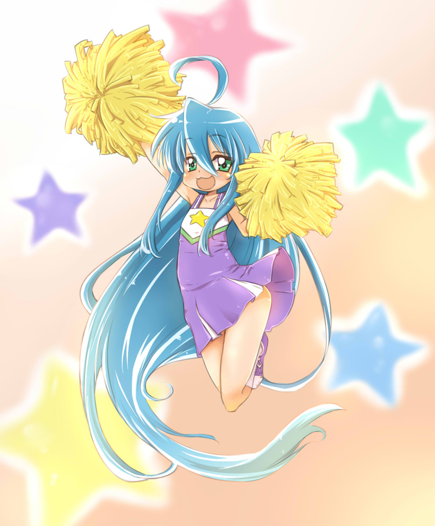 1girl, absurdly_long_hair, ahoge, blue_eyes, blue_hair, cheering, cheerleader, female