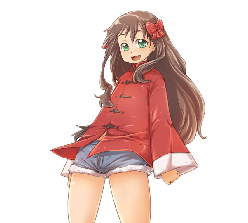 1girl, arima_miyako, bow, brown_hair, chinese_clothes, cutoffs, denim, denim_shorts