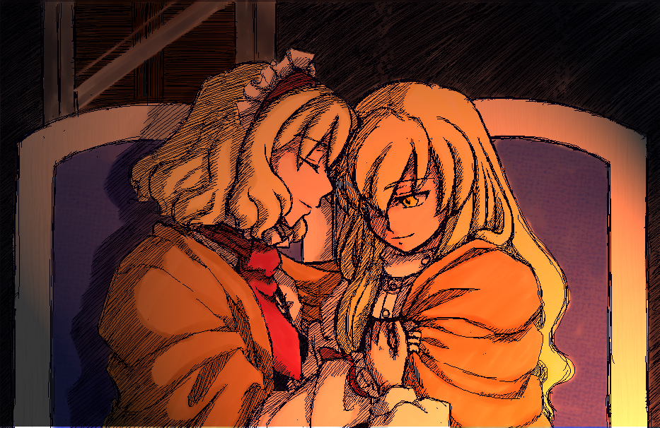 2girls, alice_margatroid, blanket, closed_eyes, couple, dark, hair_over_one_eye, head_to_head
